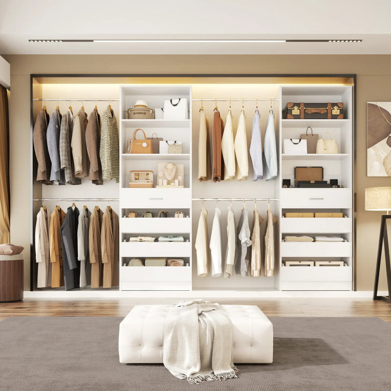 6-15FT Adjustable Closet Organizer with 8 Wooden Drawers, 4 Hanging Rods and Open Storage Shelves