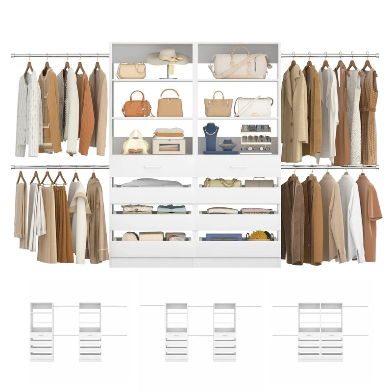 6-15FT Adjustable Closet Organizer with 8 Wooden Drawers, 4 Hanging Rods and Open Storage Shelves