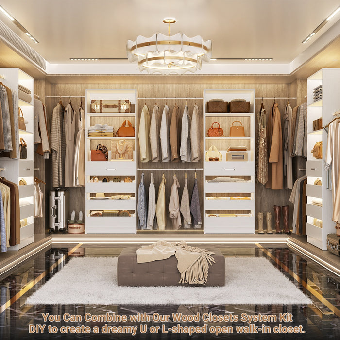 6-15FT Adjustable Closet Organizer with 8 Wooden Drawers, 4 Hanging Rods and Open Storage Shelves