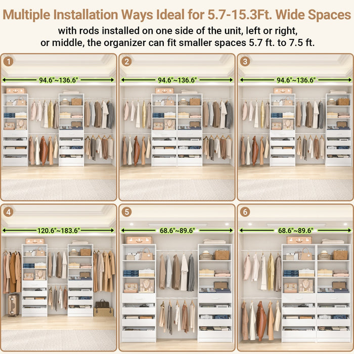 6-15FT Adjustable Closet Organizer with 8 Wooden Drawers, 4 Hanging Rods and Open Storage Shelves