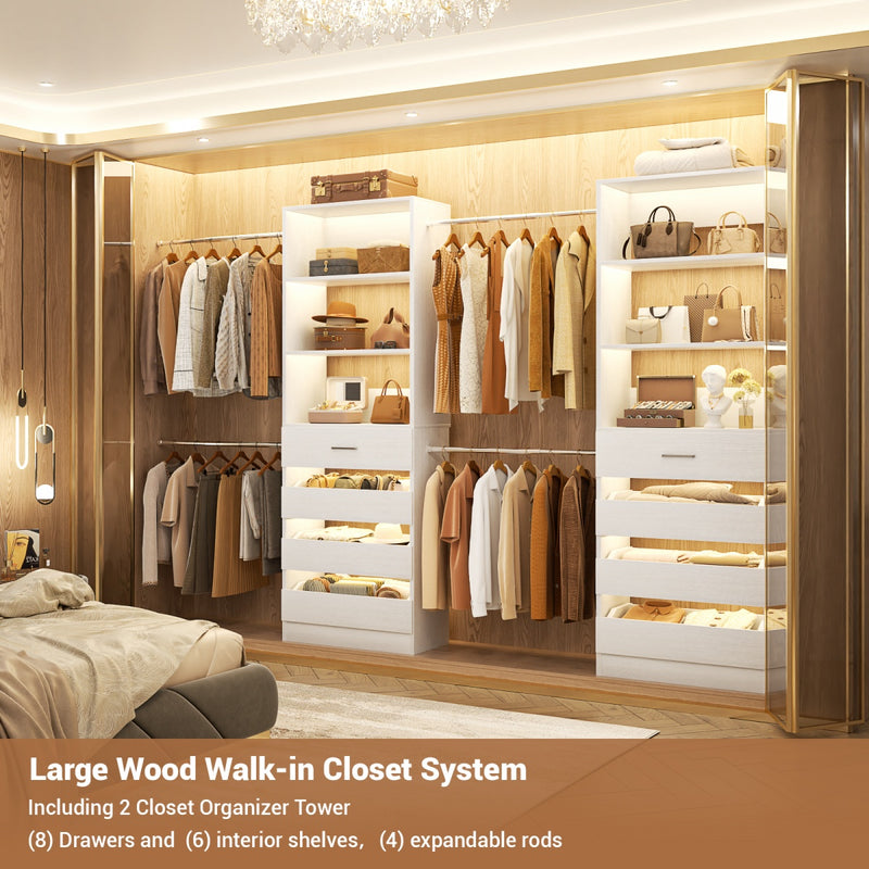 6-15FT Adjustable Closet Organizer with 8 Wooden Drawers, 4 Hanging Rods and Open Storage Shelves