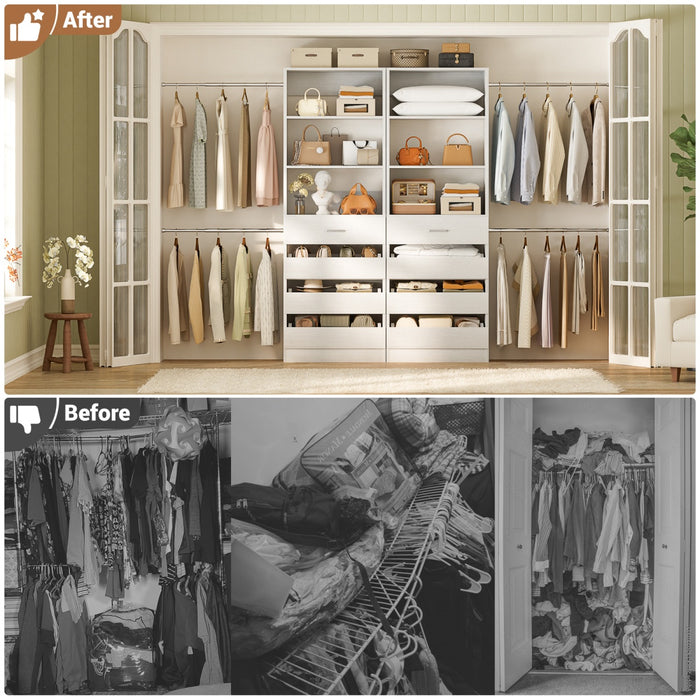 6-15FT Adjustable Closet Organizer with 8 Wooden Drawers, 4 Hanging Rods and Open Storage Shelves