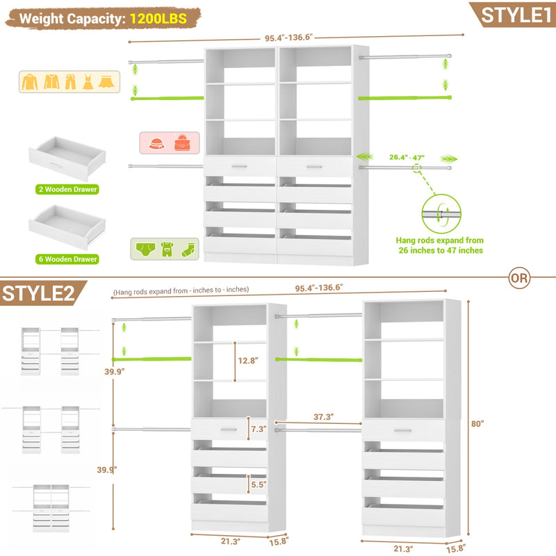 6-15FT Adjustable Closet Organizer with 8 Wooden Drawers, 4 Hanging Rods and Open Storage Shelves