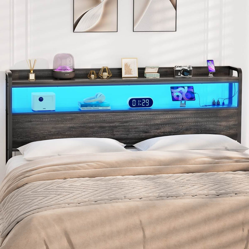 Full Size Headboard with Power Outlets & LED Lights, Wood Headboard for Full Bed, Easy Assembly