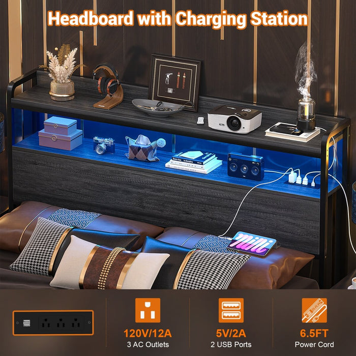Full Size Headboard with Power Outlets & LED Lights, Wood Headboard for Full Bed, Easy Assembly