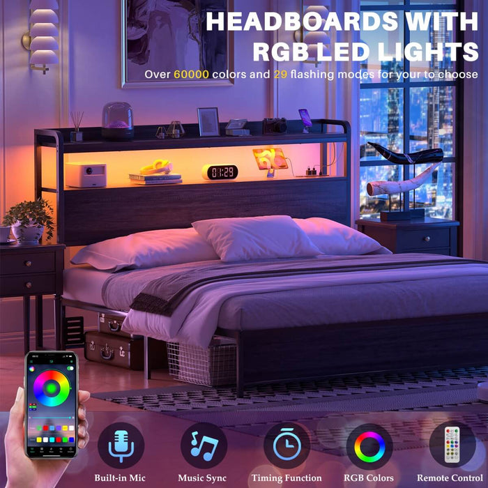 Full Size Headboard with Power Outlets & LED Lights, Wood Headboard for Full Bed, Easy Assembly