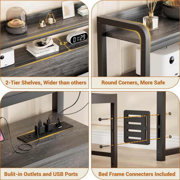 Full Size Headboard with Power Outlets & LED Lights, Wood Headboard for Full Bed, Easy Assembly