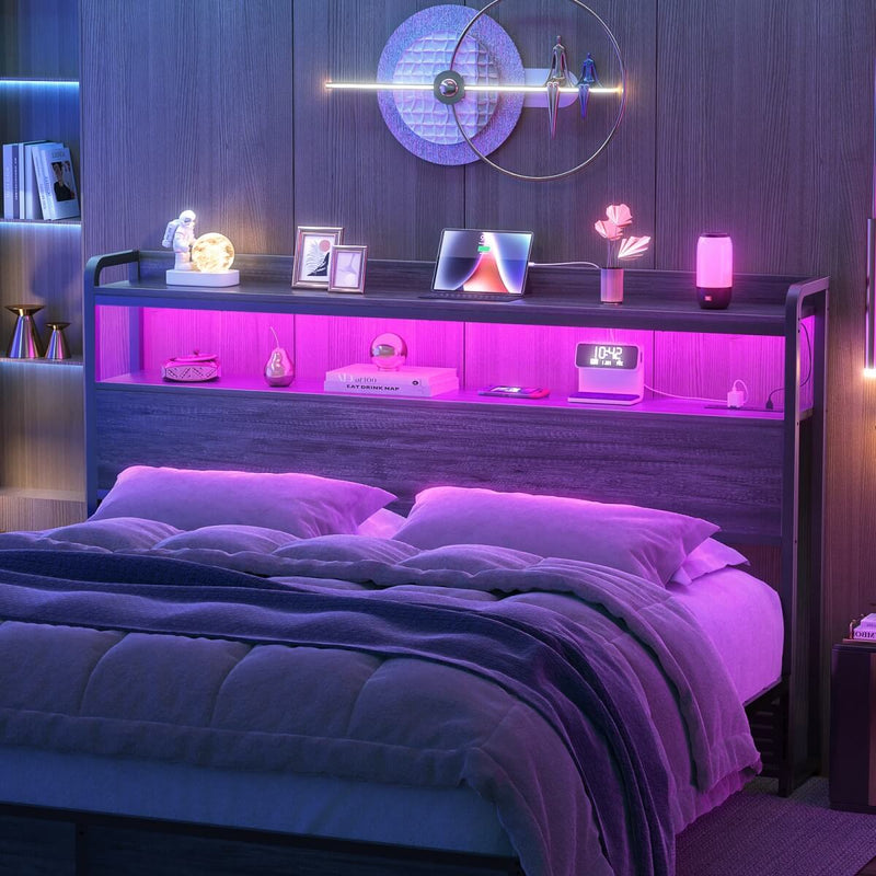 Full Size Headboard with Power Outlets & LED Lights, Wood Headboard for Full Bed, Easy Assembly