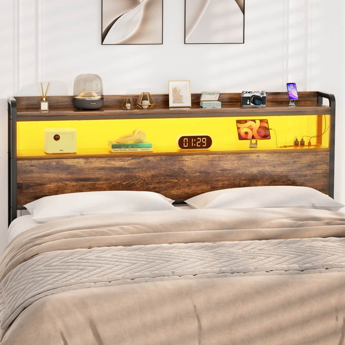 Full Size Headboard with Power Outlets & LED Lights, Wood Headboard for Full Bed, Easy Assembly