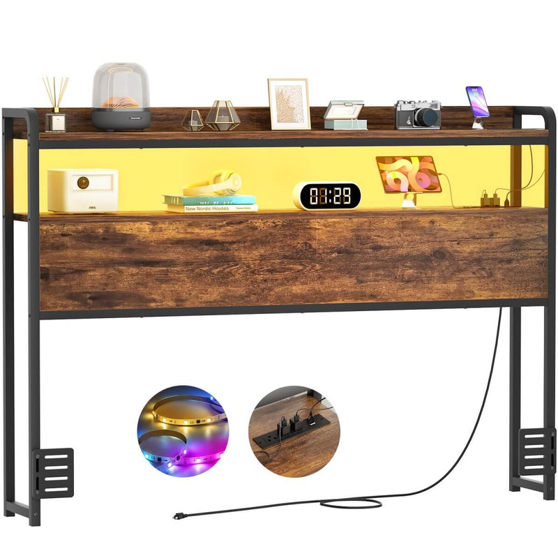 Full Size Headboard with Power Outlets & LED Lights, Wood Headboard for Full Bed, Easy Assembly