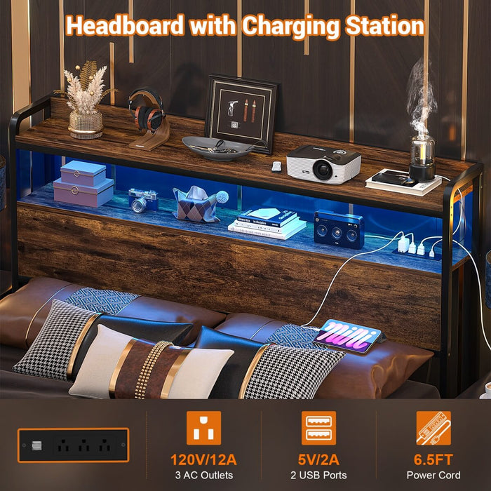 Full Size Headboard with Power Outlets & LED Lights, Wood Headboard for Full Bed, Easy Assembly