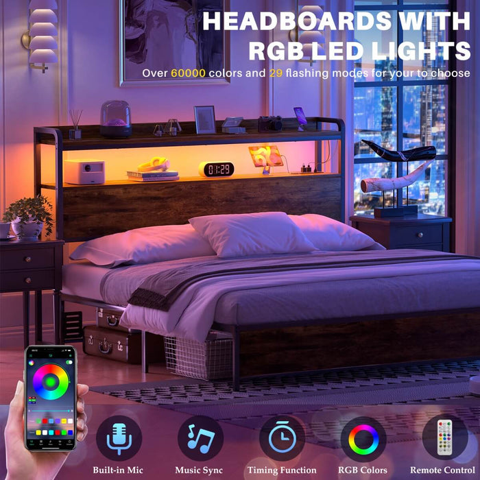 Full Size Headboard with Power Outlets & LED Lights, Wood Headboard for Full Bed, Easy Assembly