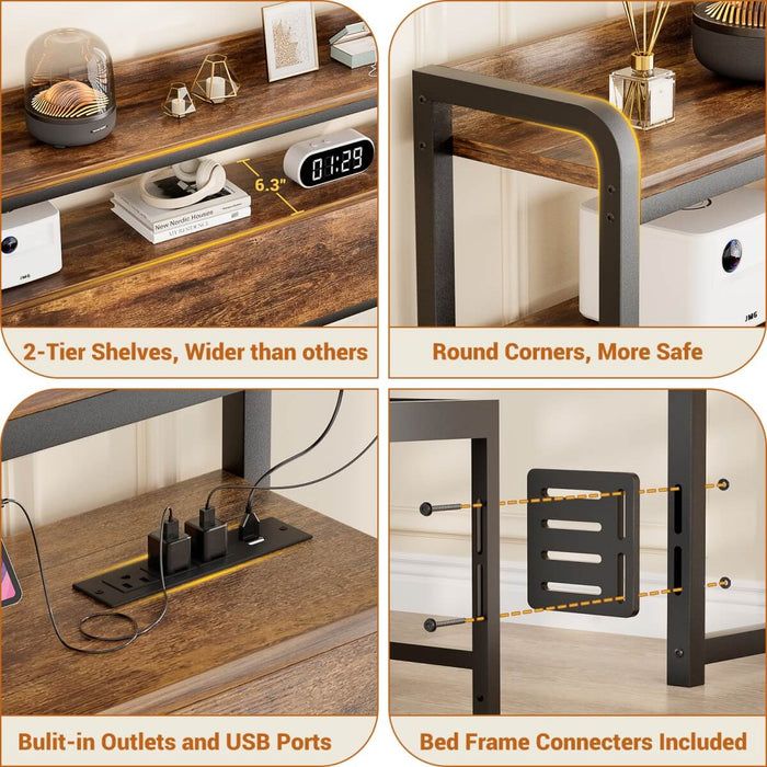 Full Size Headboard with Power Outlets & LED Lights, Wood Headboard for Full Bed, Easy Assembly