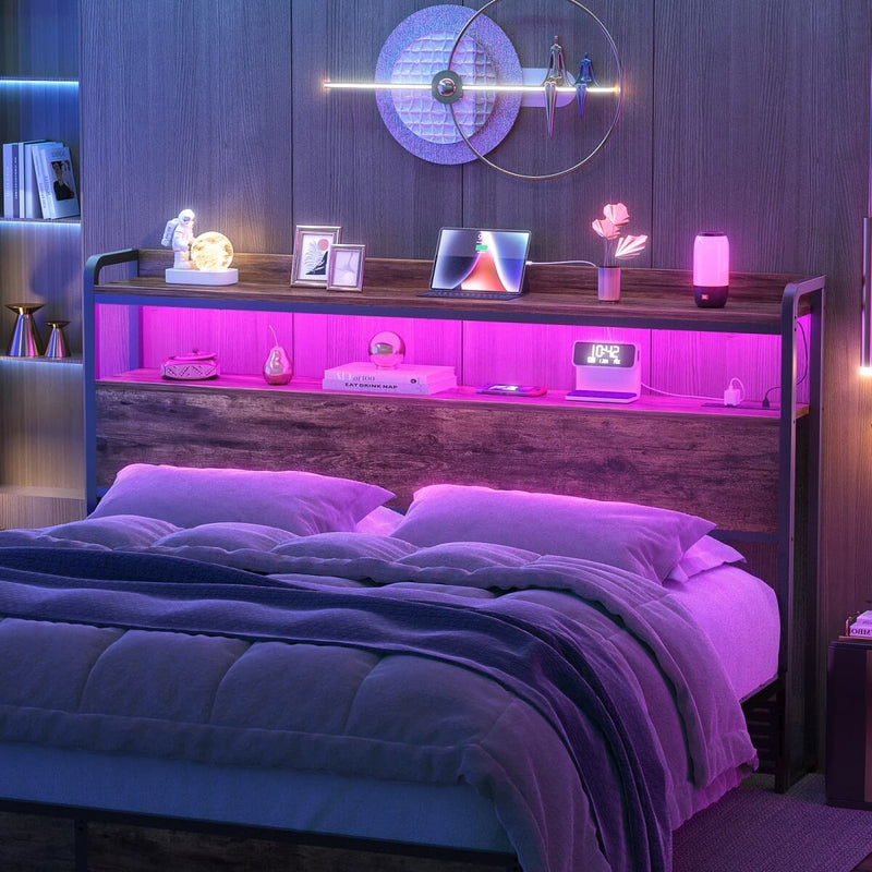 Full Size Headboard with Power Outlets & LED Lights, Wood Headboard for Full Bed, Easy Assembly