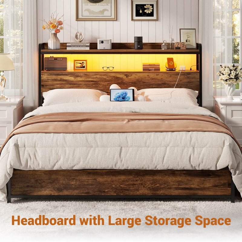 Full Size Headboard with Power Outlets & LED Lights, Wood Headboard for Full Bed, Easy Assembly