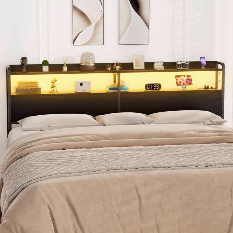 King Size Headboard with Power Outlets & LED Lights, Wood Headboard for King Bed, Easy Assembly