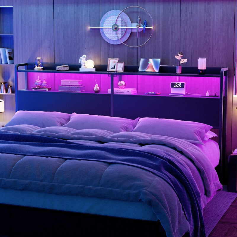 King Size Headboard with Power Outlets & LED Lights, Wood Headboard for King Bed, Easy Assembly