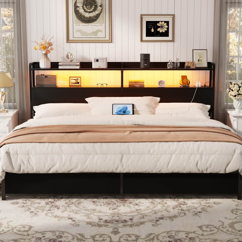 King Size Headboard with Power Outlets & LED Lights, Wood Headboard for King Bed, Easy Assembly