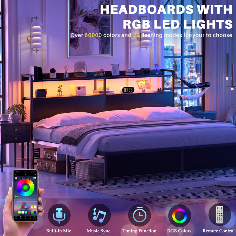 King Size Headboard with Power Outlets & LED Lights, Wood Headboard for King Bed, Easy Assembly