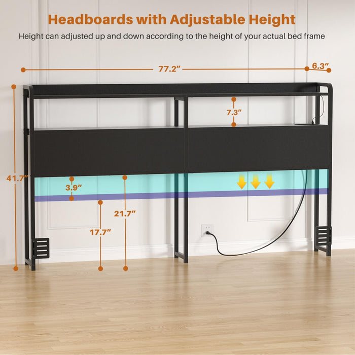 King Size Headboard with Power Outlets & LED Lights, Wood Headboard for King Bed, Easy Assembly