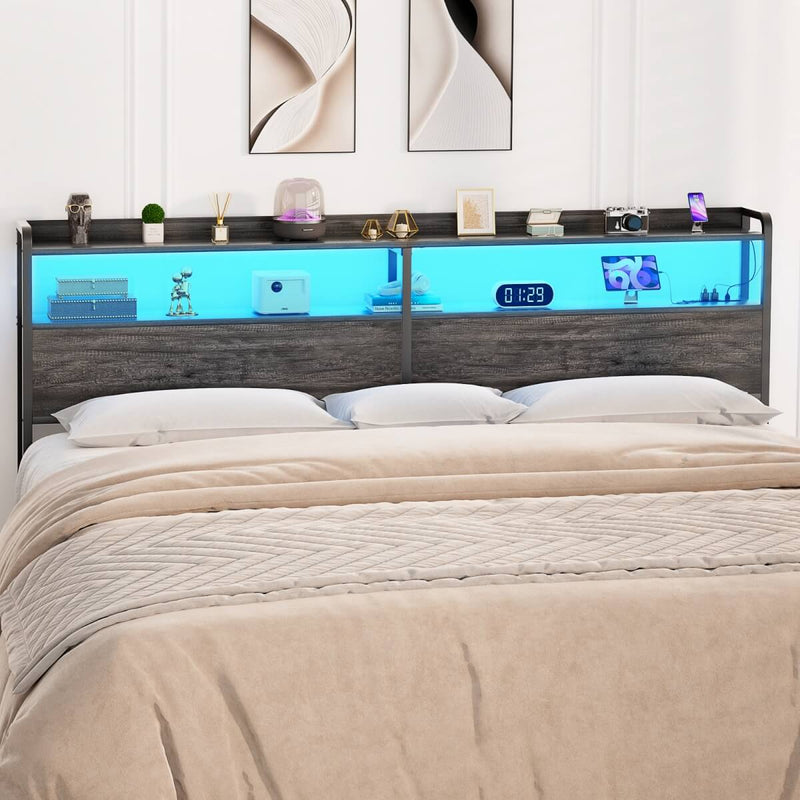 King Size Headboard with Power Outlets & LED Lights, Wood Headboard for King Bed, Easy Assembly