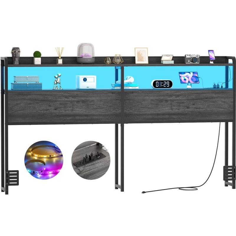 King Size Headboard with Power Outlets & LED Lights, Wood Headboard for King Bed, Easy Assembly