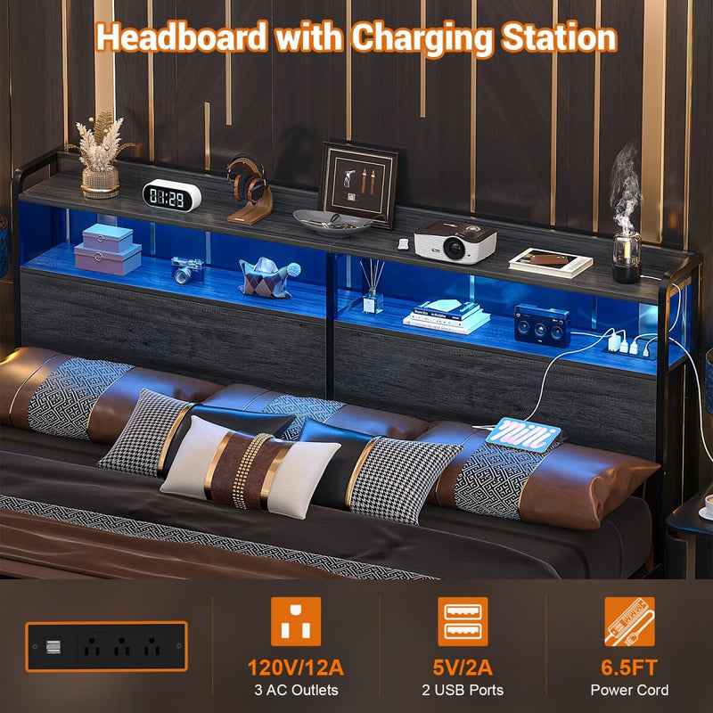 King Size Headboard with Power Outlets & LED Lights, Wood Headboard for King Bed, Easy Assembly