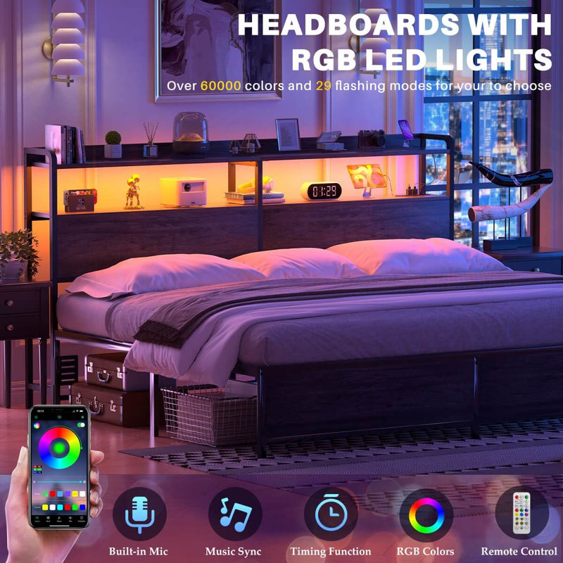 King Size Headboard with Power Outlets & LED Lights, Wood Headboard for King Bed, Easy Assembly