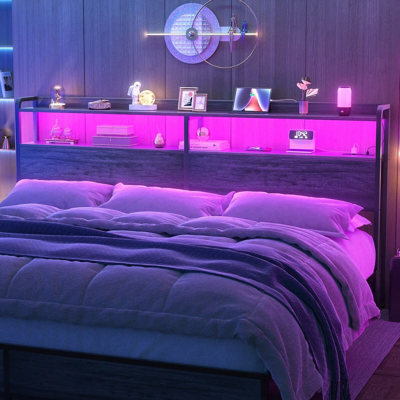 King Size Headboard with Power Outlets & LED Lights, Wood Headboard for King Bed, Easy Assembly