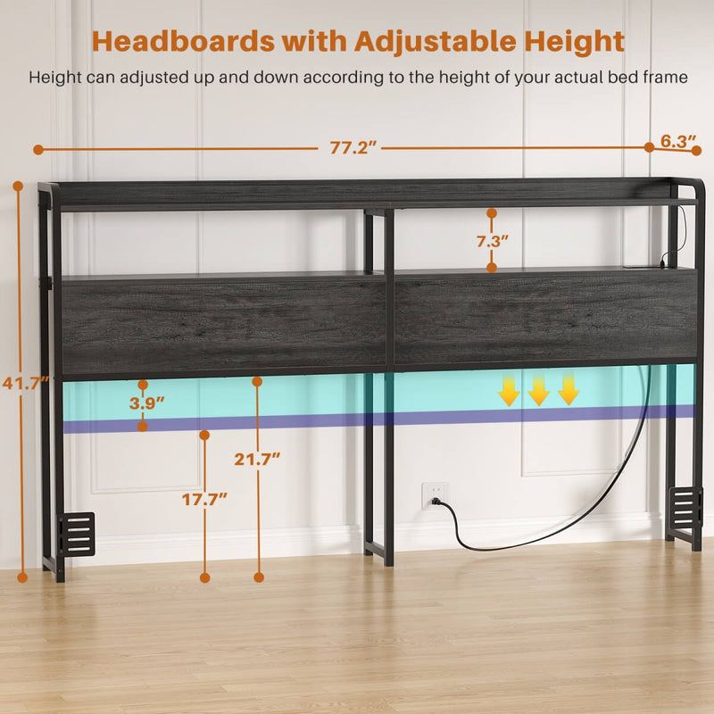 King Size Headboard with Power Outlets & LED Lights, Wood Headboard for King Bed, Easy Assembly