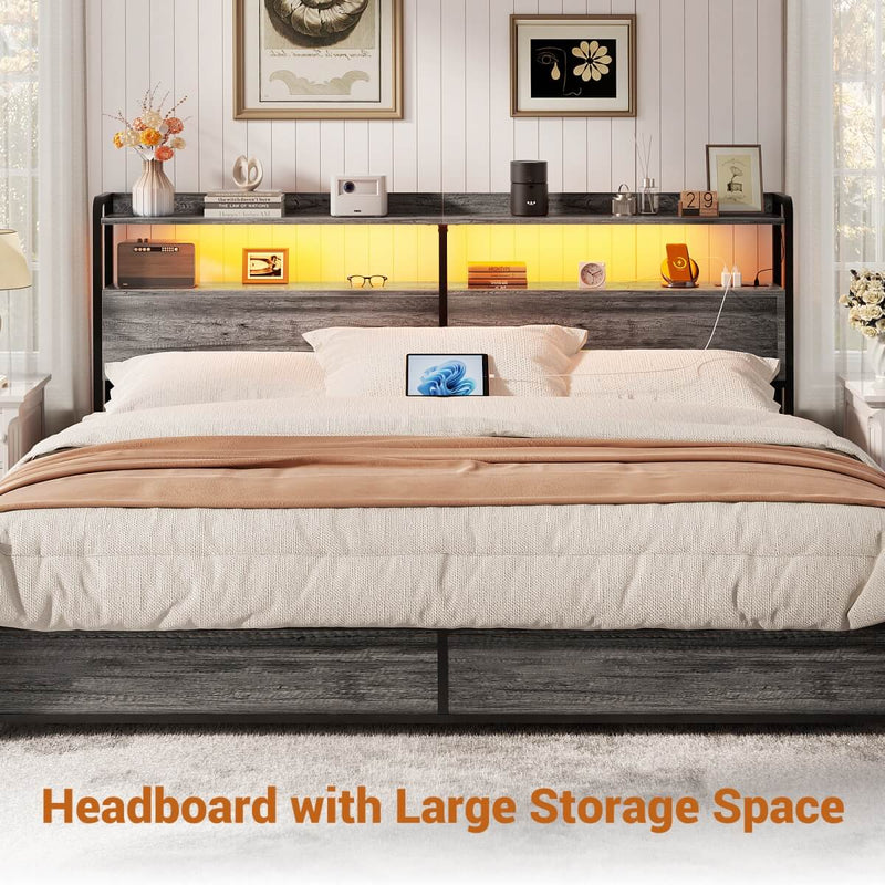 King Size Headboard with Power Outlets & LED Lights, Wood Headboard for King Bed, Easy Assembly
