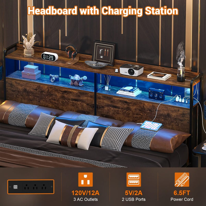 King Size Headboard with Power Outlets & LED Lights, Wood Headboard for King Bed, Easy Assembly