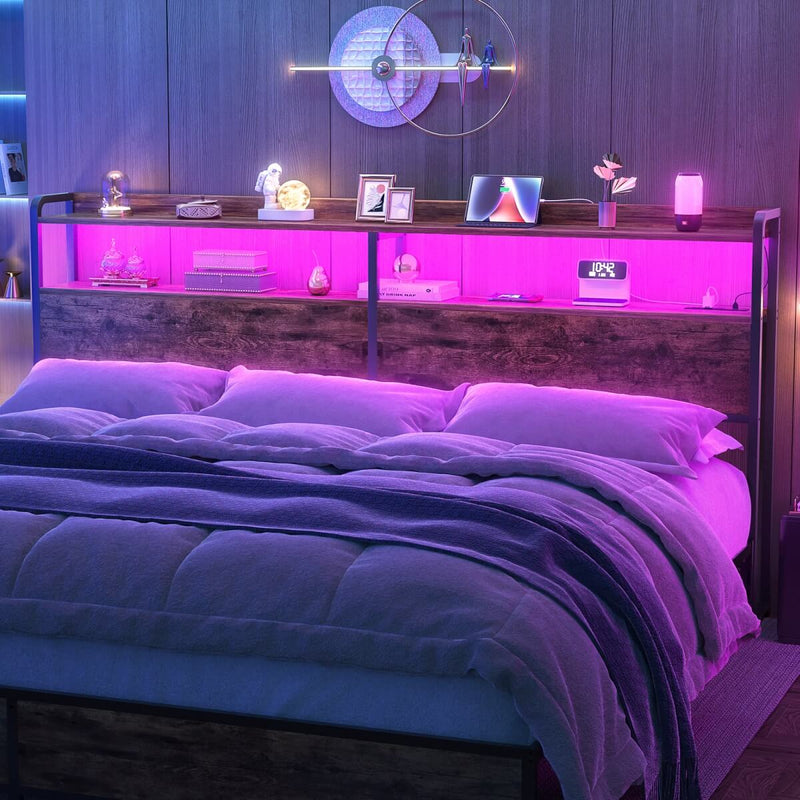 King Size Headboard with Power Outlets & LED Lights, Wood Headboard for King Bed, Easy Assembly