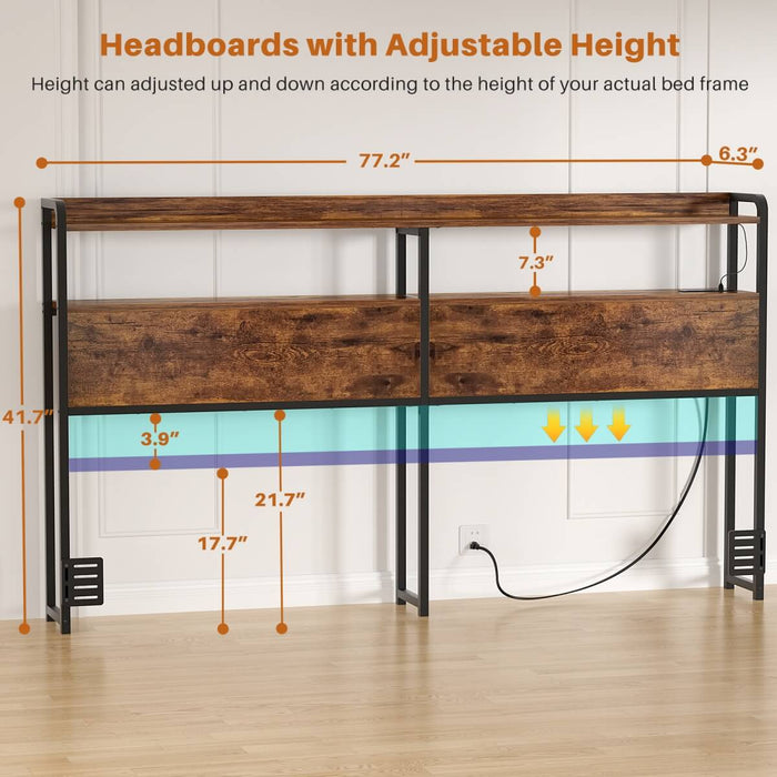 King Size Headboard with Power Outlets & LED Lights, Wood Headboard for King Bed, Easy Assembly