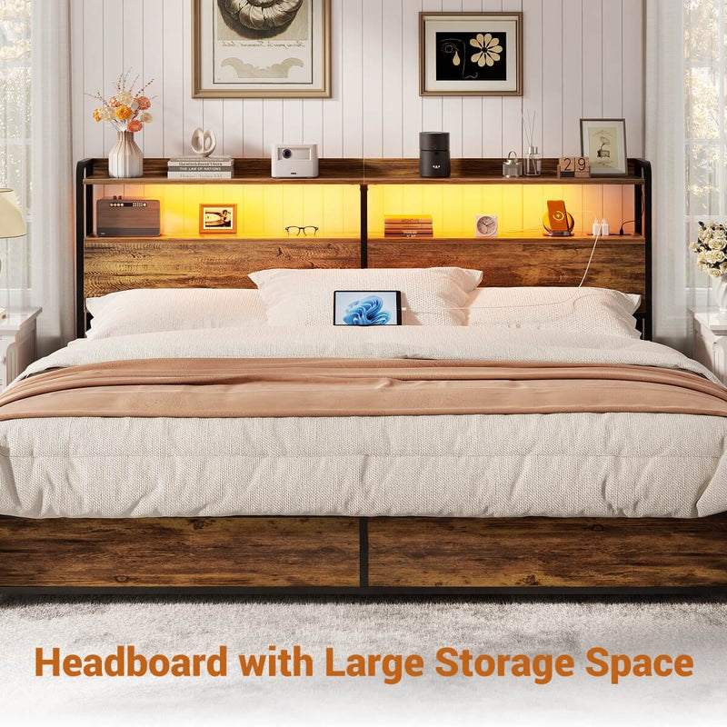 King Size Headboard with Power Outlets & LED Lights, Wood Headboard for King Bed, Easy Assembly