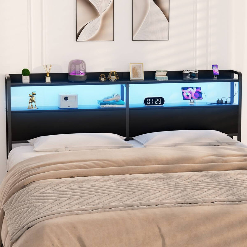 Queen Size Headboard with Power Outlets & LED Lights, Wood Headboard for Queen Bed, Easy Assembly