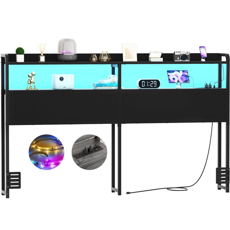 Queen Size Headboard with Power Outlets & LED Lights, Wood Headboard for Queen Bed, Easy Assembly