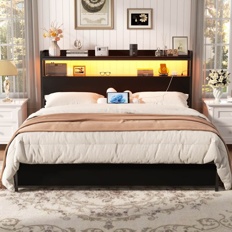 Queen Size Headboard with Power Outlets & LED Lights, Wood Headboard for Queen Bed, Easy Assembly
