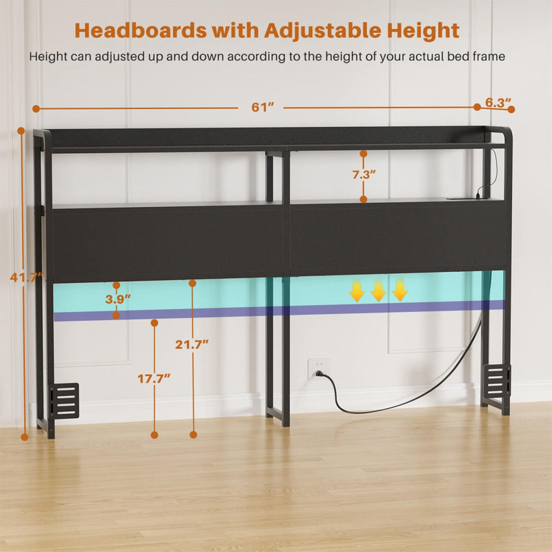 Queen Size Headboard with Power Outlets & LED Lights, Wood Headboard for Queen Bed, Easy Assembly