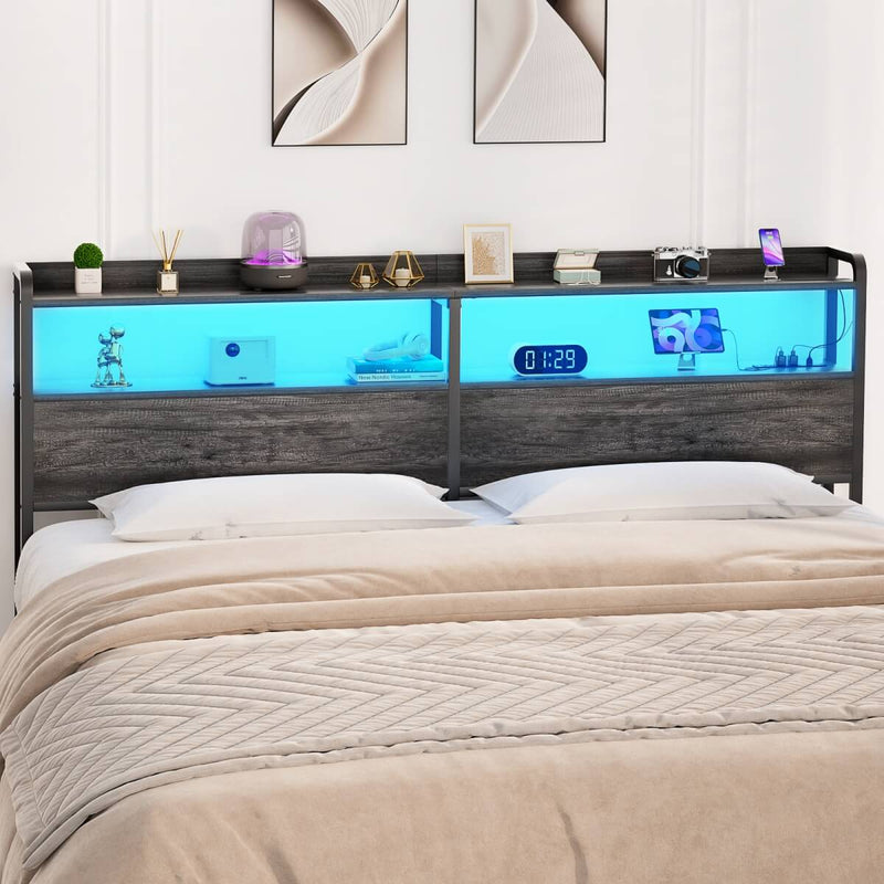 Queen Size Headboard with Power Outlets & LED Lights, Wood Headboard for Queen Bed, Easy Assembly