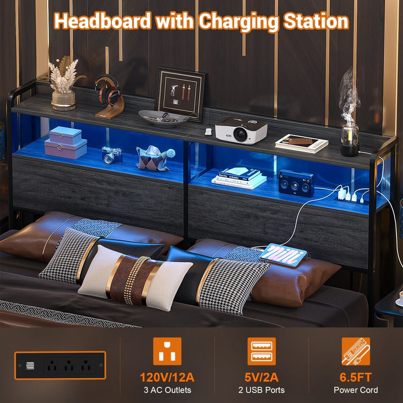 Queen Size Headboard with Power Outlets & LED Lights, Wood Headboard for Queen Bed, Easy Assembly