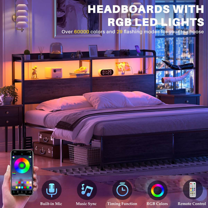 Queen Size Headboard with Power Outlets & LED Lights, Wood Headboard for Queen Bed, Easy Assembly