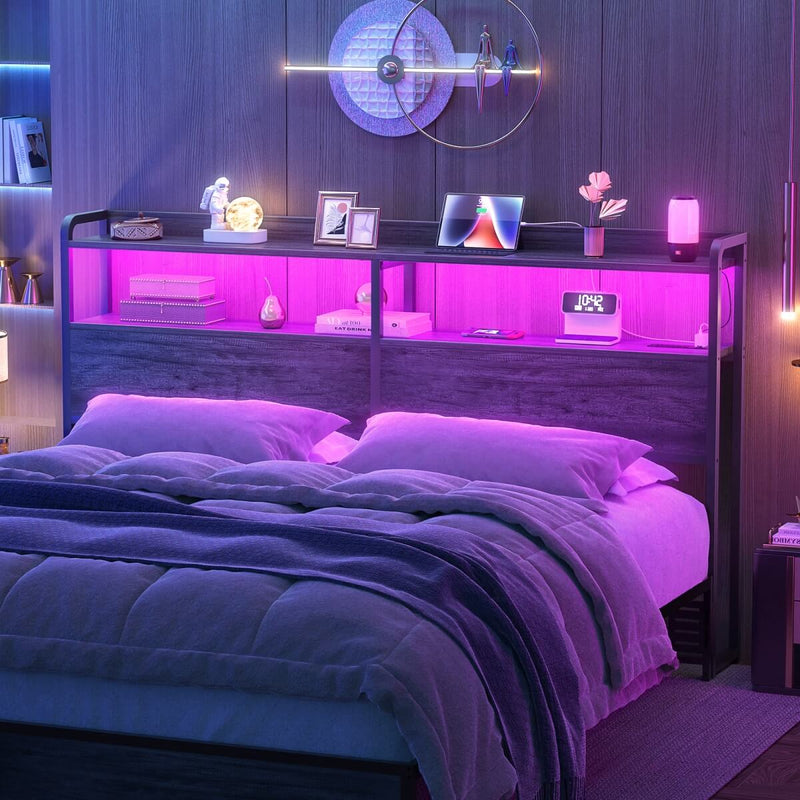 Queen Size Headboard with Power Outlets & LED Lights, Wood Headboard for Queen Bed, Easy Assembly