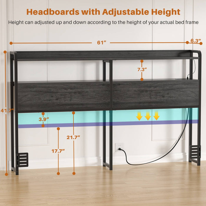 Queen Size Headboard with Power Outlets & LED Lights, Wood Headboard for Queen Bed, Easy Assembly