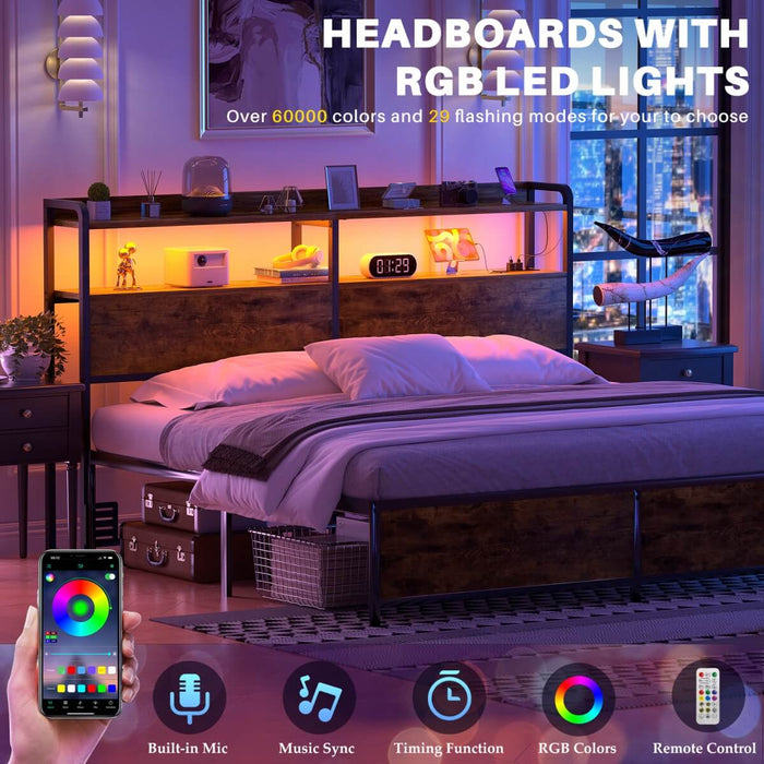 Queen Size Headboard with Power Outlets & LED Lights, Wood Headboard for Queen Bed, Easy Assembly