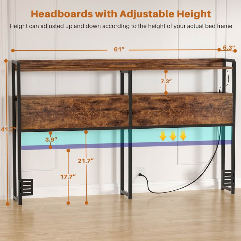 Queen Size Headboard with Power Outlets & LED Lights, Wood Headboard for Queen Bed, Easy Assembly