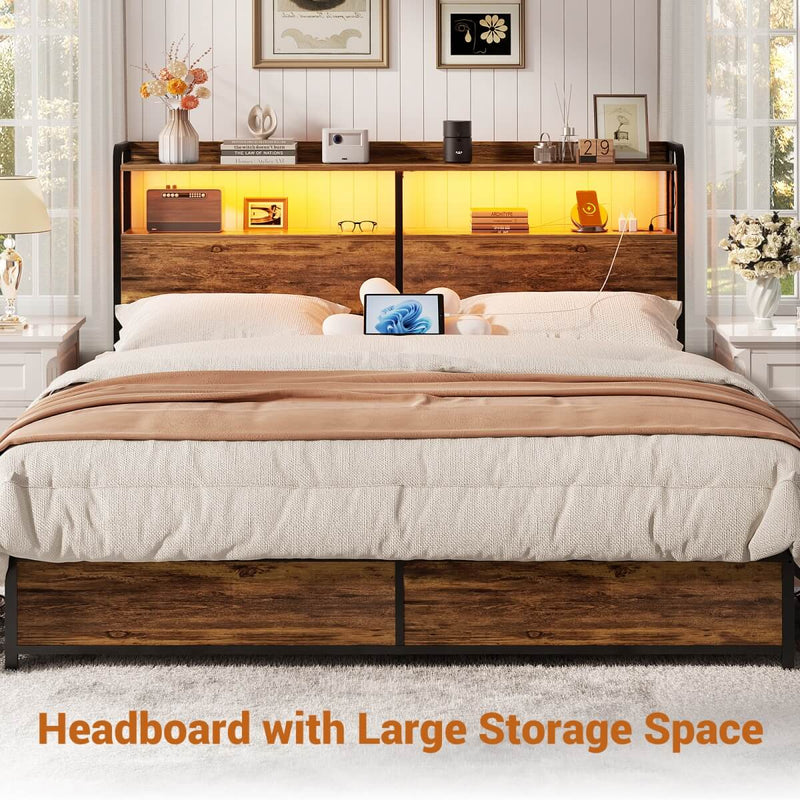 Queen Size Headboard with Power Outlets & LED Lights, Wood Headboard for Queen Bed, Easy Assembly