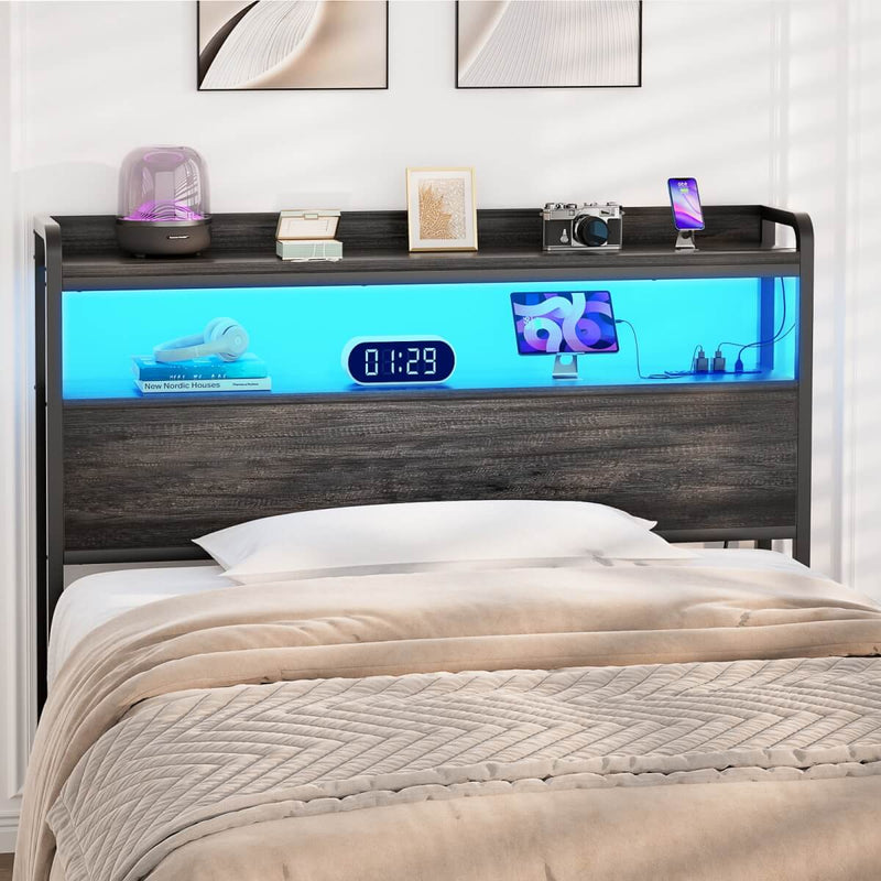 Twin Size Headboard with Power Outlets & LED Lights, Wood Headboard for Twin Bed, Easy Assembly