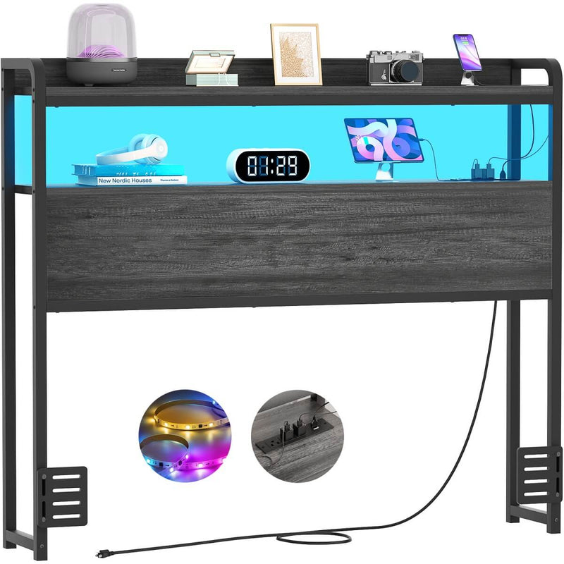 Twin Size Headboard with Power Outlets & LED Lights, Wood Headboard for Twin Bed, Easy Assembly