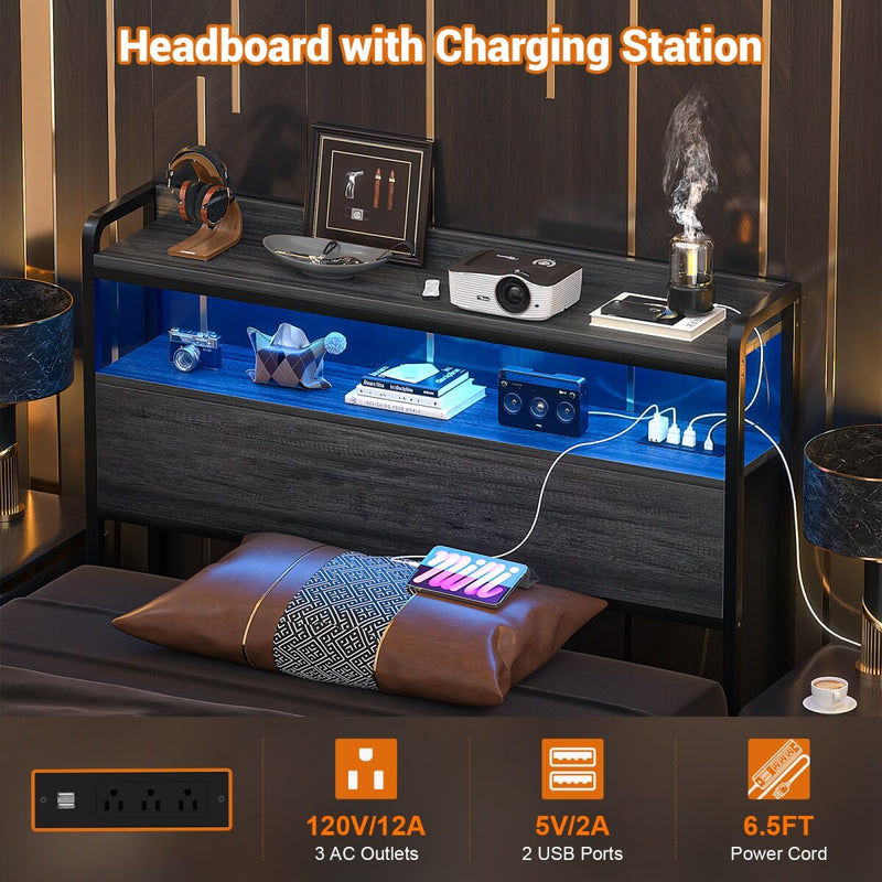 Twin Size Headboard with Power Outlets & LED Lights, Wood Headboard for Twin Bed, Easy Assembly